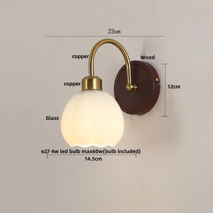 Antique brass and wood led wall light bedroom sconce with glass shade