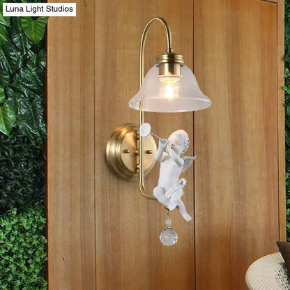 Antique brass angel glass sconce light bedroom wall lamp