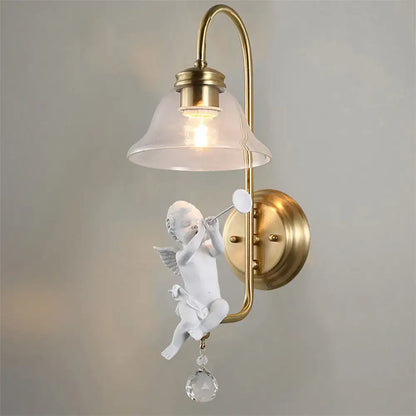 Antique brass angel glass sconce light bedroom wall lamp