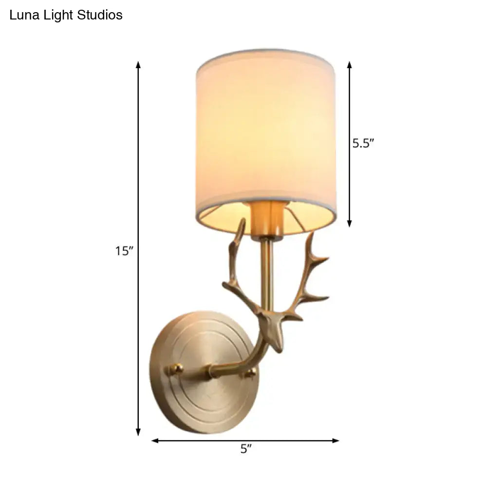 Antique brass antler wall sconce with fabric shade – bedroom light
