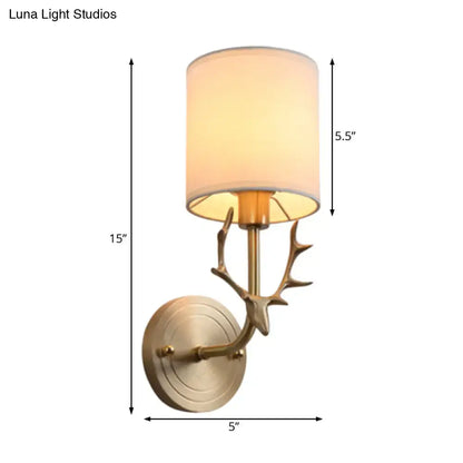 Antique brass antler wall sconce with fabric shade – bedroom light
