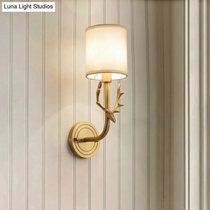 Antique brass antler wall sconce with fabric shade – bedroom light