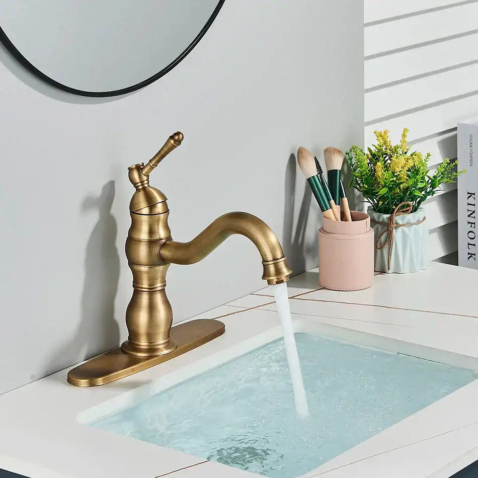 Antique brass basin faucet bathroom swivel spout single handle