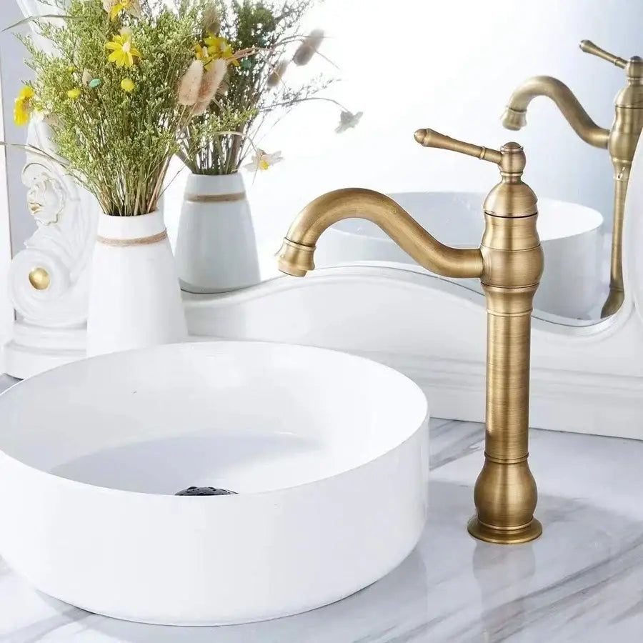 Antique brass basin faucet curved spout bathroom mixer tap
