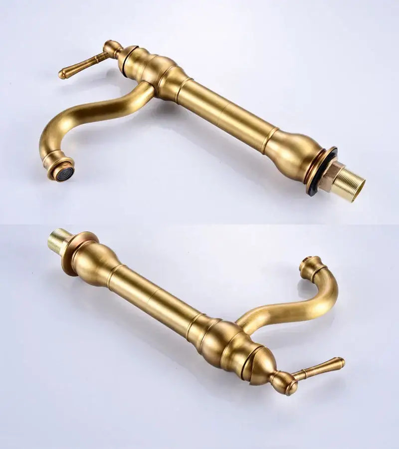 Antique brass basin faucet curved spout bathroom mixer tap
