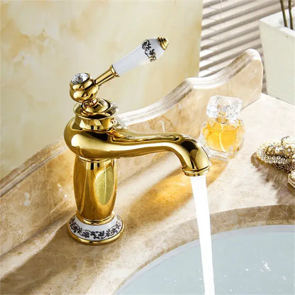 Antique brass bathroom basin water mixer with blue floral ceramic handle