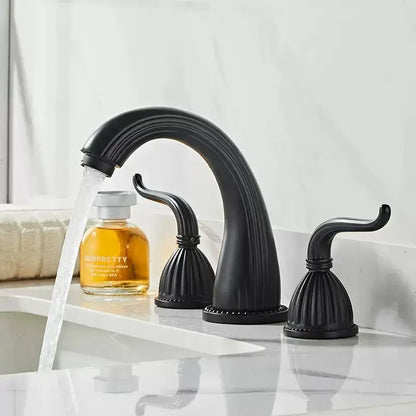 Antique brass three handle bathroom faucet set with fluted design
