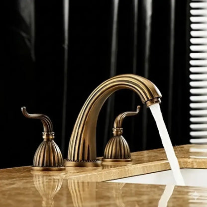 Antique brass three handle bathroom faucet set with fluted design