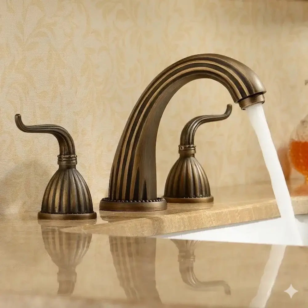Antique brass three handle bathroom faucet set with fluted design