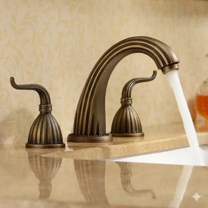 Antique brass three handle bathroom faucet set with fluted design