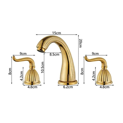 Antique brass three handle bathroom faucet set with fluted design