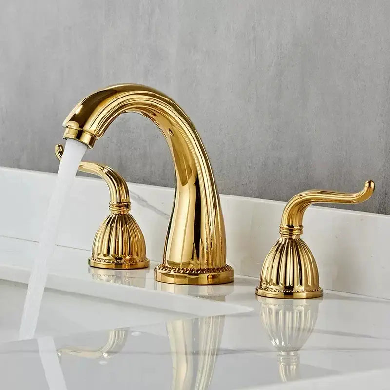 Antique brass three handle bathroom faucet set with fluted design