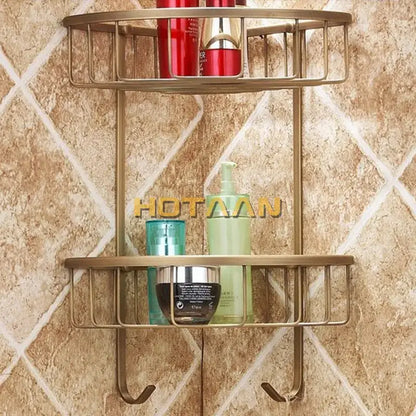 Antique brass bathroom shower shelf two tier corner caddy with hooks