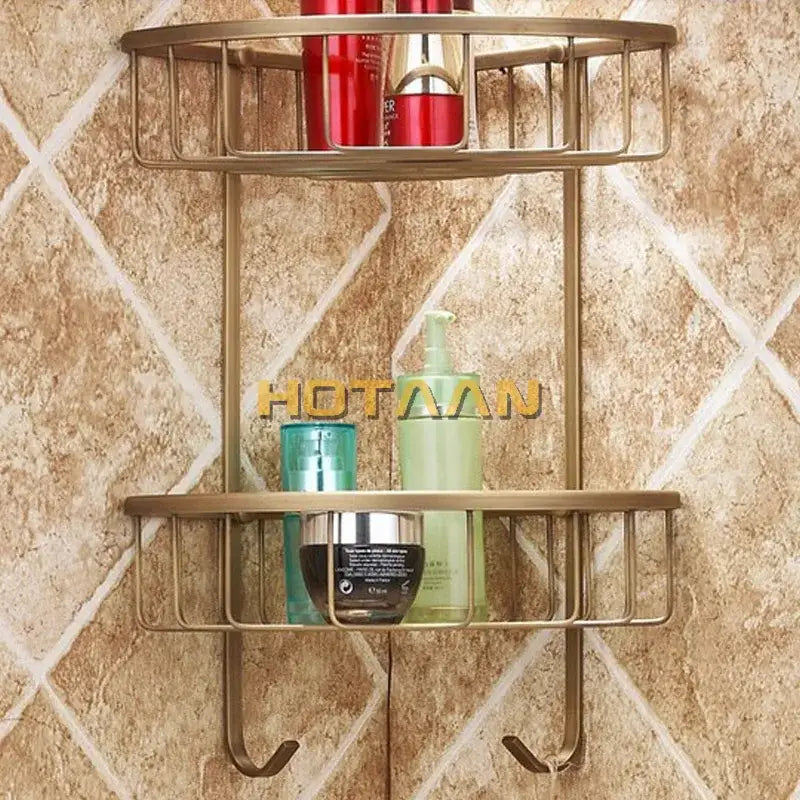 Antique brass bathroom shower shelf two tier corner caddy with hooks