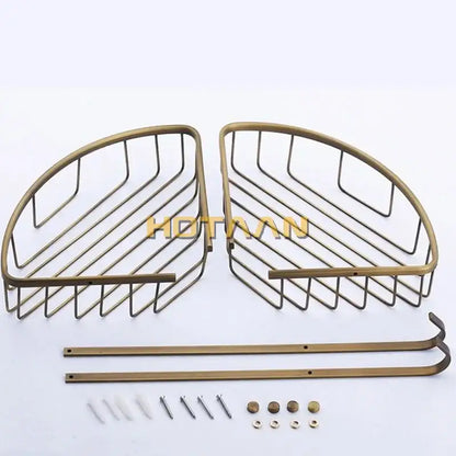 Antique brass bathroom shower shelf two tier corner caddy with hooks