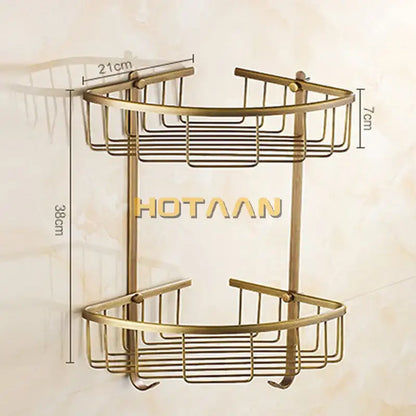 Antique brass bathroom shower shelf two tier corner caddy with hooks