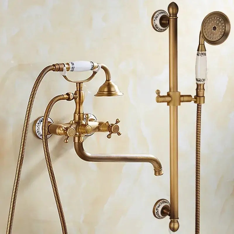 Antique brass bathtub shower set with ceramic handles bathroom mixer
