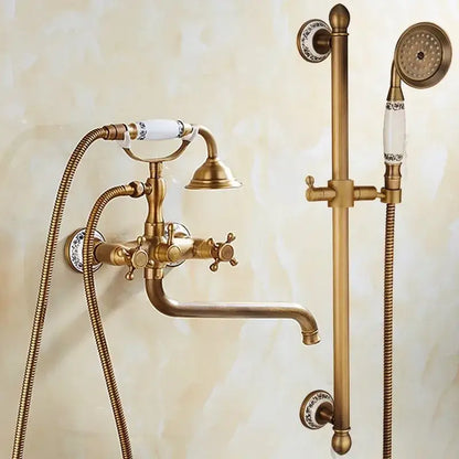 Antique brass bathtub shower set with ceramic handles bathroom mixer