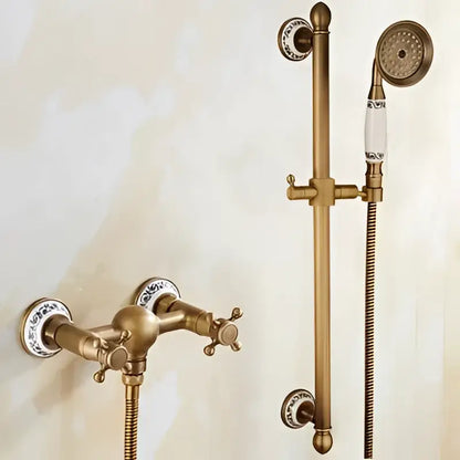 Antique brass bathtub shower set with ceramic handles bathroom mixer