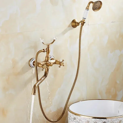 Antique brass bathtub shower set with ceramic handles bathroom mixer