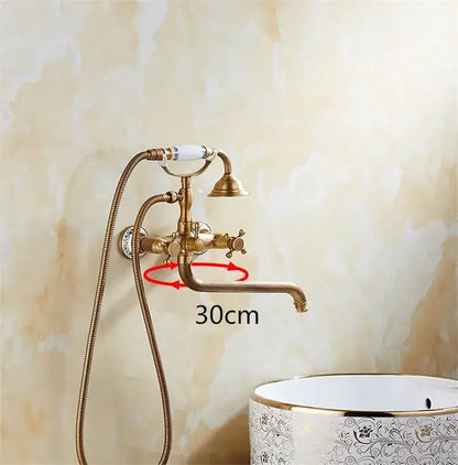 Antique brass bathtub shower set with ceramic handles bathroom mixer