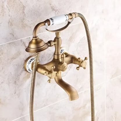 Antique brass bathtub shower set with ceramic handles bathroom mixer