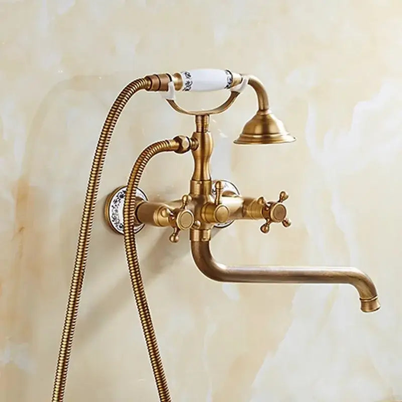 Antique brass bathtub shower set with ceramic handles bathroom mixer