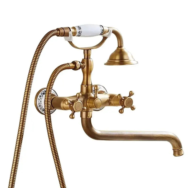 Antique brass bathtub shower set with ceramic handles bathroom mixer