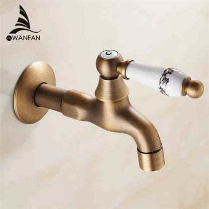 Antique brass bibcock faucet with floral ceramic handle garden tap