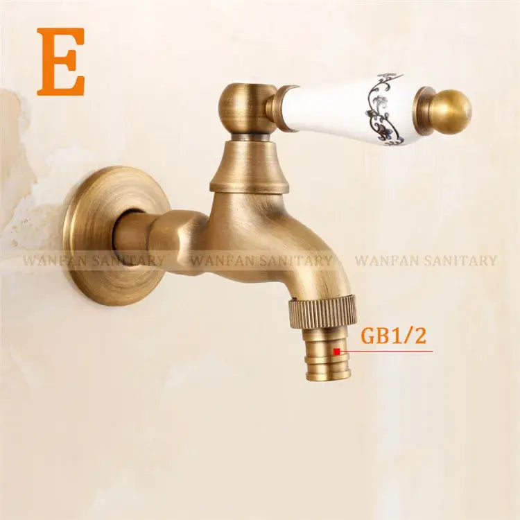 Antique brass bibcock faucet with floral ceramic handle garden tap
