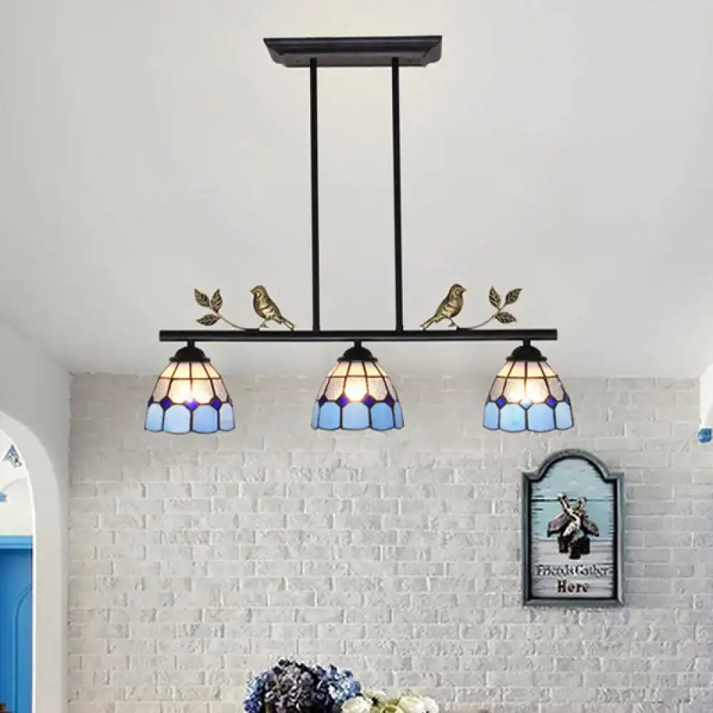 Antique brass & blue indoor island pendant – kitchen stained glass shade