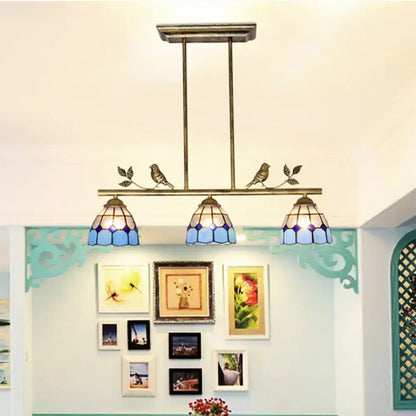 Antique brass & blue indoor island pendant – kitchen stained glass shade