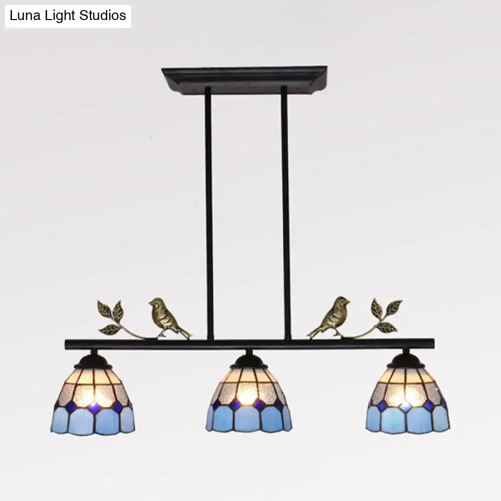 Antique brass & blue indoor island pendant – kitchen stained glass shade