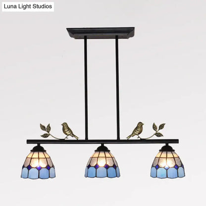 Antique brass & blue indoor island pendant – kitchen stained glass shade
