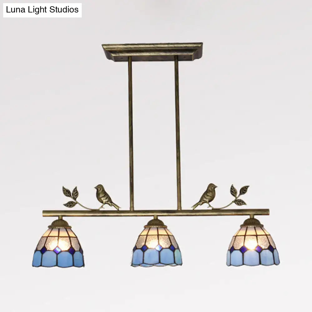 Antique brass & blue indoor island pendant – kitchen stained glass shade