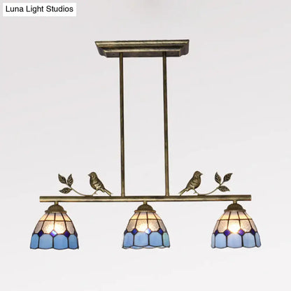 Antique brass & blue indoor island pendant – kitchen stained glass shade