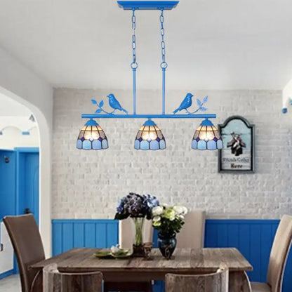 Antique brass & blue indoor island pendant – kitchen stained glass shade