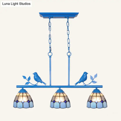 Antique brass & blue indoor island pendant – kitchen stained glass shade