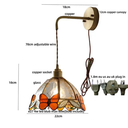 Antique brass butterfly glass led wall lights bedroom sconce
