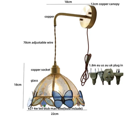 Antique brass butterfly glass led wall lights bedroom sconce