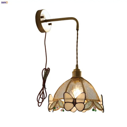 Antique brass butterfly glass led wall lights bedroom sconce