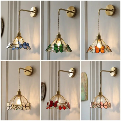 Antique brass butterfly glass led wall lights bedroom sconce