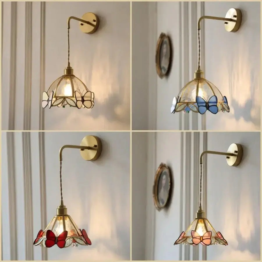 Antique brass butterfly glass led wall lights bedroom sconce