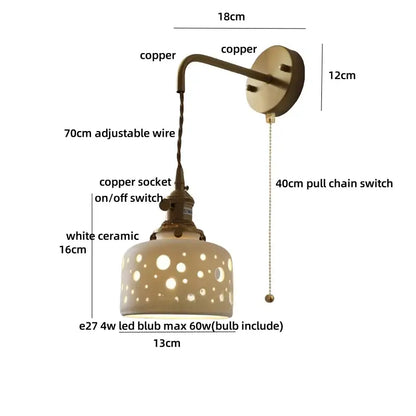 Antique brass ceramic led wall light bedroom sconce with cutouts