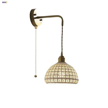 Antique brass ceramic led wall lights with rattan shade bedroom