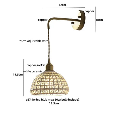 Antique brass ceramic led wall lights with rattan shade bedroom