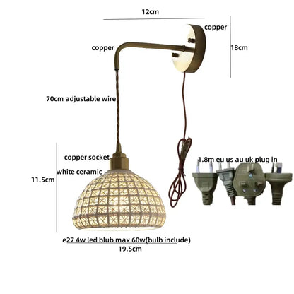 Antique brass ceramic led wall lights with rattan shade bedroom