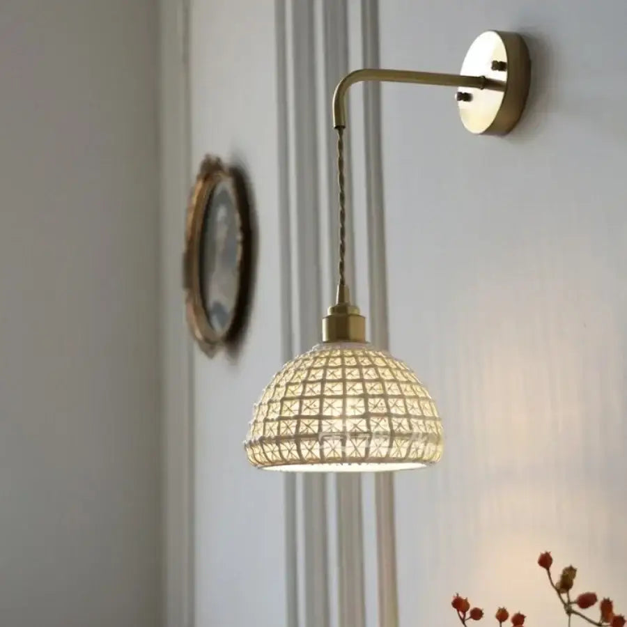 Antique brass ceramic led wall lights with rattan shade bedroom