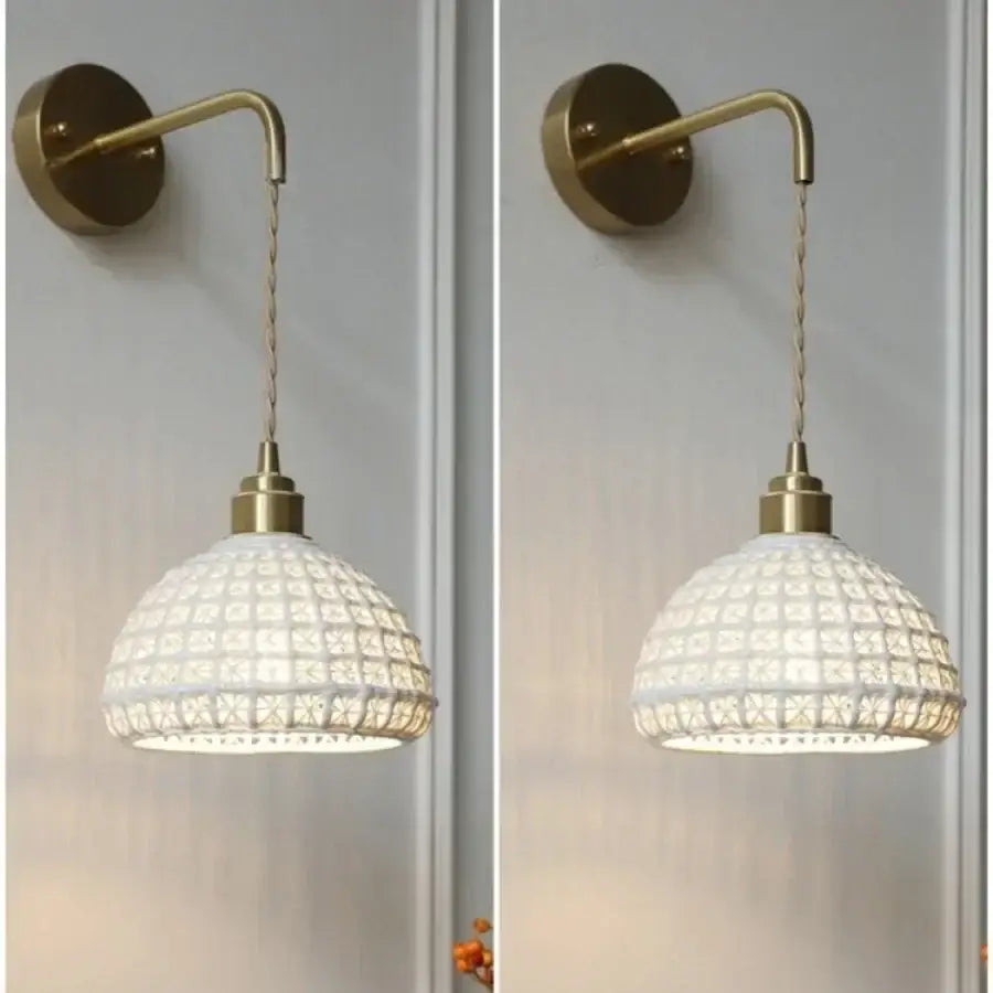 Antique brass ceramic led wall lights with rattan shade bedroom