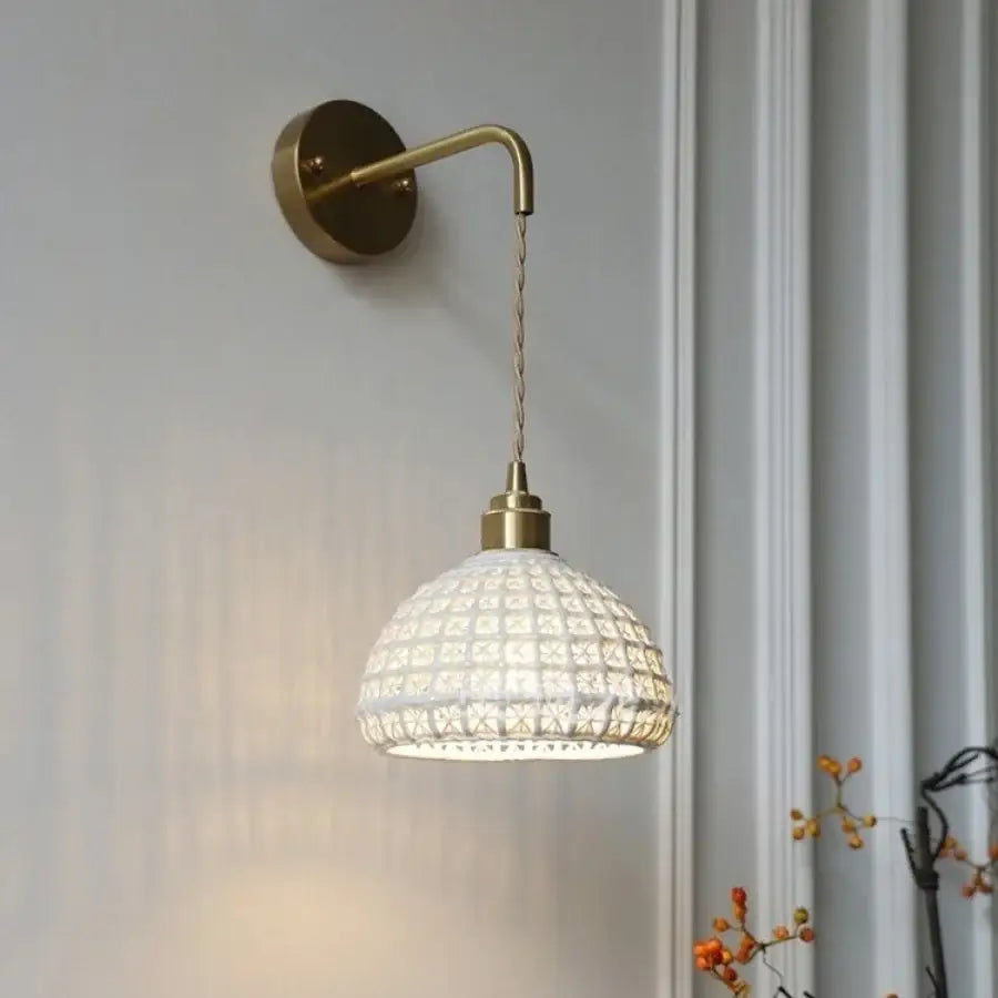 Antique brass ceramic led wall lights with rattan shade bedroom